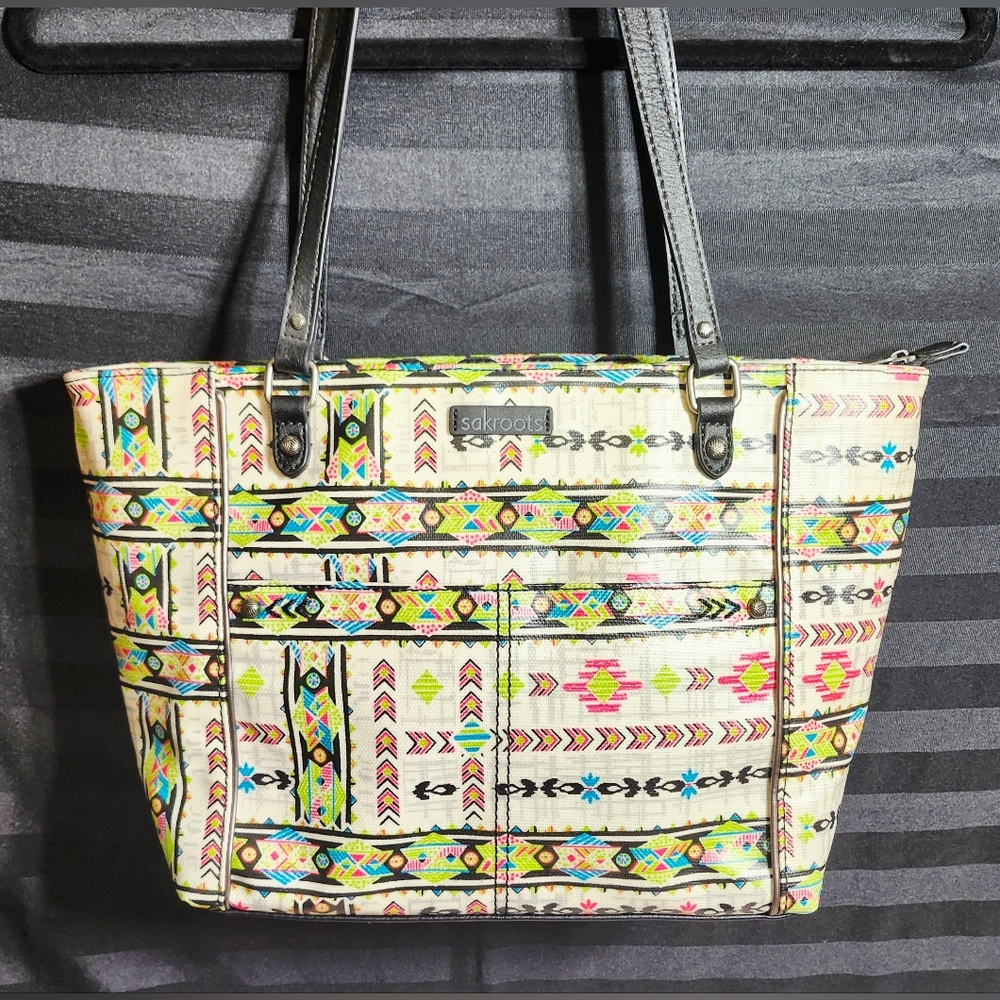 SAKROOTS  Metro Coated Canvas Tote Aztec Southwest Print Cream Bohemian Bag Med